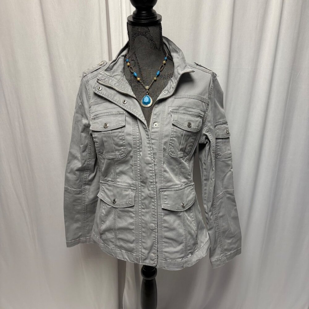 Kensie Jeans Gray Military-Style Jacket Womens Size Medium Pockets Zipper Snaps